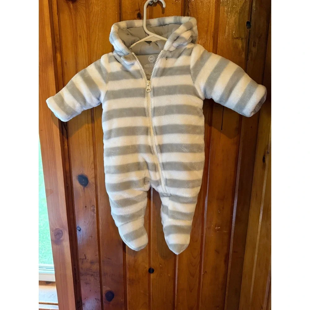 Wonder Nation Baby Bunting Suit Grey White Striped Hooded Fleece Pram 0-3M